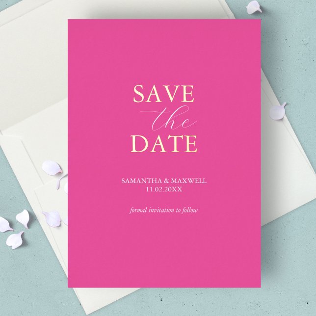 Simple Vibrant Pink Save The Date Wedding Foil Invitation (save the date card vibrant pink and gold foil minimalistic. )