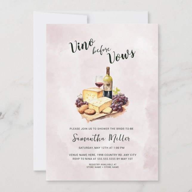 Simple Vino before Vows Red Wine Bridal Shower Invitation (Front)