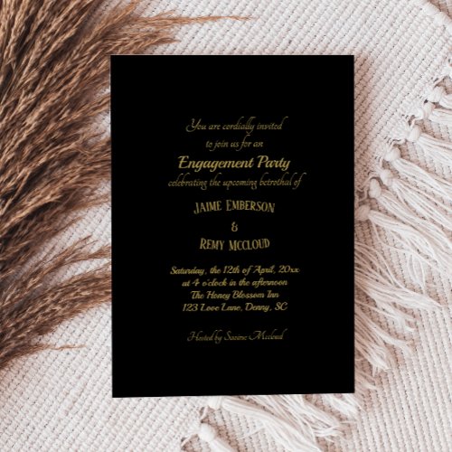 Simple Vintage Art Deco Black Gold Engagement Invitation