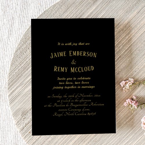 Simple Vintage Art Deco Wedding Black Gold  Invitation