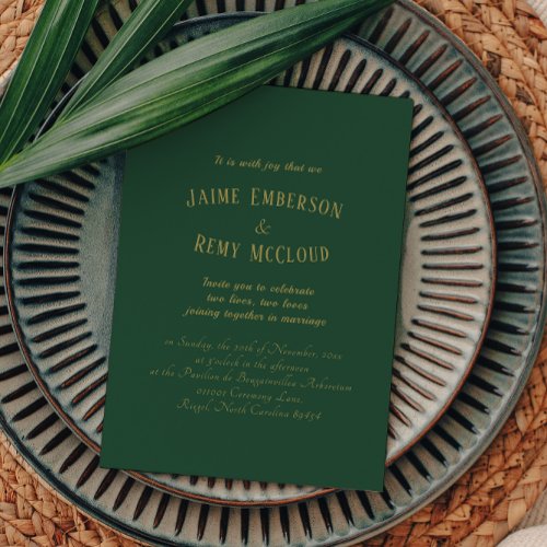 Simple Vintage Art Deco Wedding Green Gold Invitation