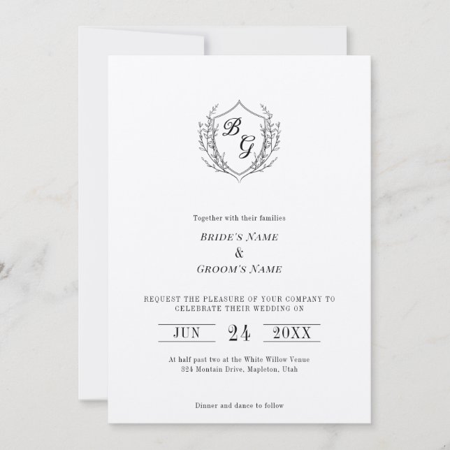 Simple Vintage Crest elegant monogram wedding Invitation (Front)