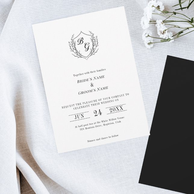 Simple Vintage Crest monogram wedding invitation (Creator Uploaded)