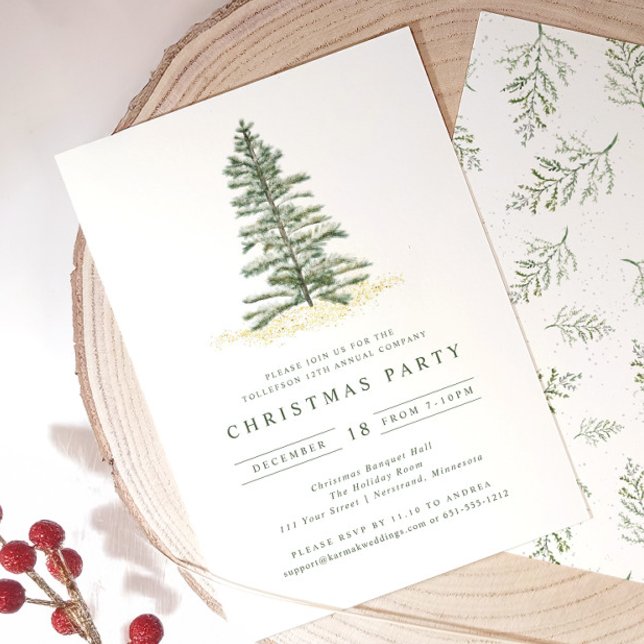 Simple Vintage Evergreen Christmas Party Invitation (Elegant vintage christmas tree holiday party invitation)