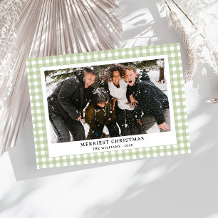 Simple Vintage Green Gingham Plaid Photo Christmas Holiday Card