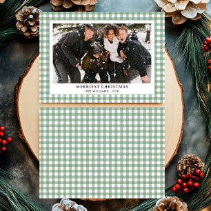 Simple Vintage Green Gingham Plaid Photo Christmas Holiday Card