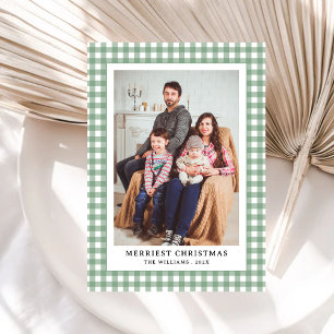 Simple Vintage Green Gingham Plaid Photo Christmas Holiday Card