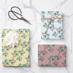 Simple Vintage Look Holly Pattern Christmas Wrapping Paper Sheets