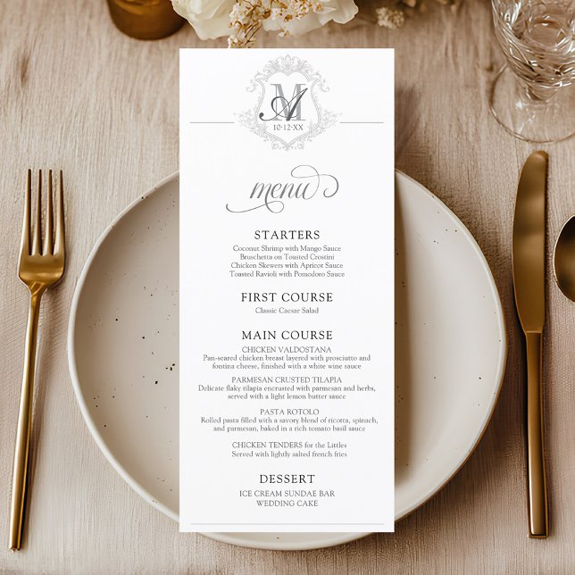 Simple Vintage Monogram Crest Wedding Dinner Menu (Simple elegant modern vintage floral monogram crest 4x9" wedding reception dinner table setting menu)
