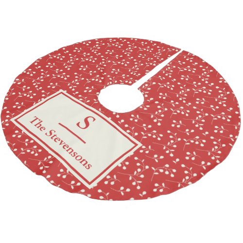 Simple Vintage Red Botanical Pattern Monogram Name Brushed Polyester Tree Skirt