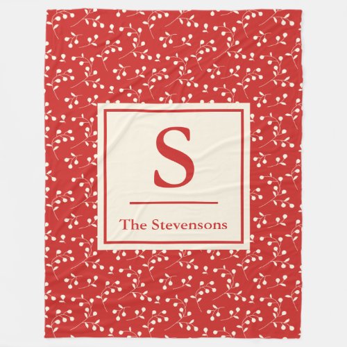 Simple Vintage Red Botanical Pattern Monogram Name Fleece Blanket