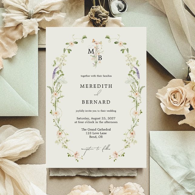 Simple Vintage Rustic Wildflower Monogram Wedding Invitation (Creator Uploaded)