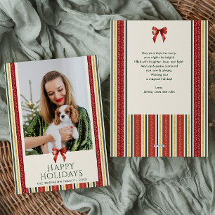 Simple Vintage Stripes Bow Merry Christmas 1 Photo Holiday Card