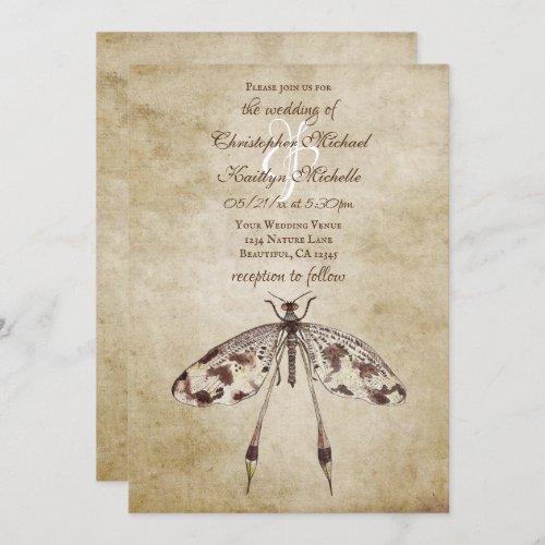 Simple Vintage Watercolor Dragonfly Wedding Invitation