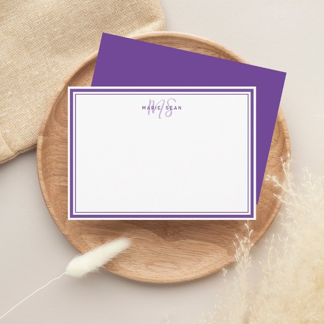 Simple Violet Minimalist Monogram Two Border Note Card (Creator Uploaded)