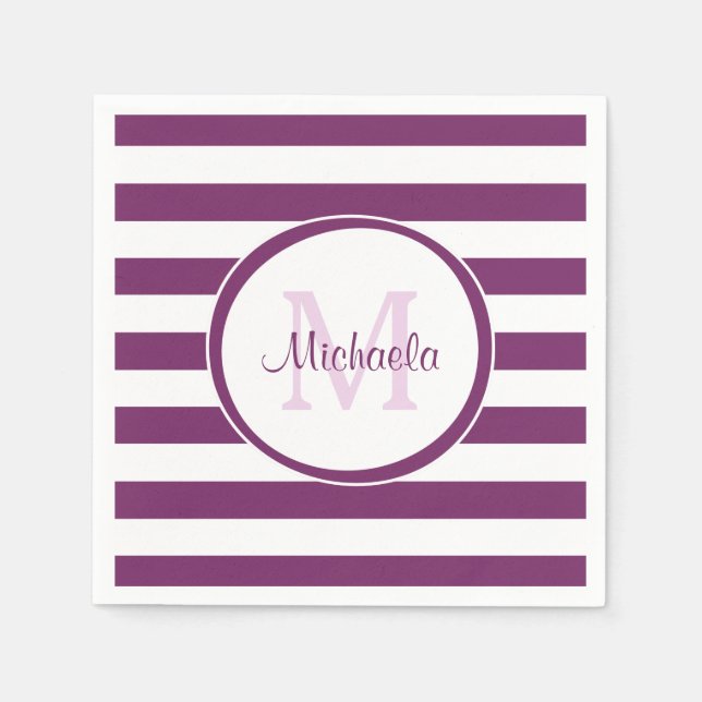 Simple Violet Name Bengal Stripes With Monogram Paper Napkins (Front)