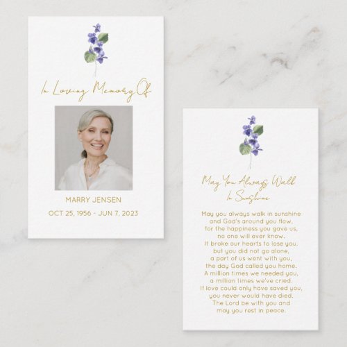 Simple Violet Photo Funeral Prayer Card