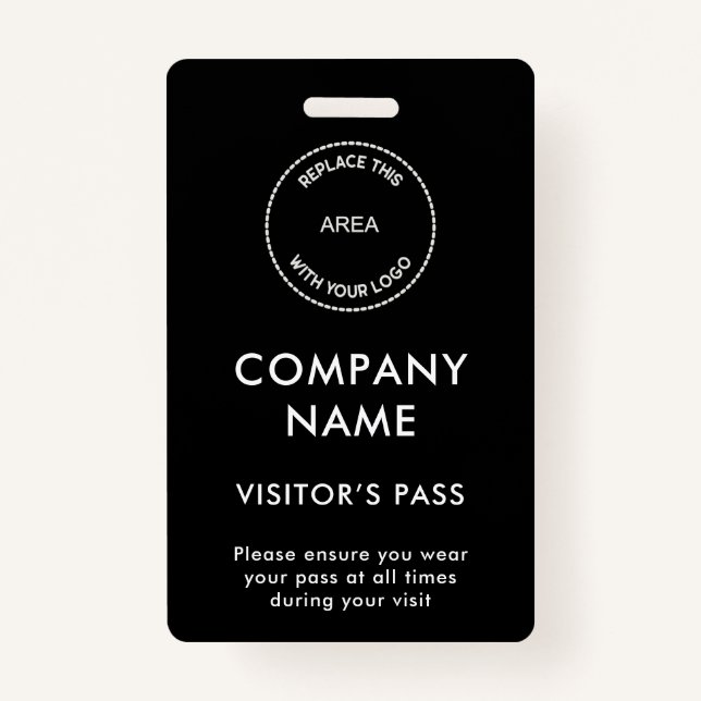 Simple Visitors Pass Company Name Logo Black White Badge (Front)