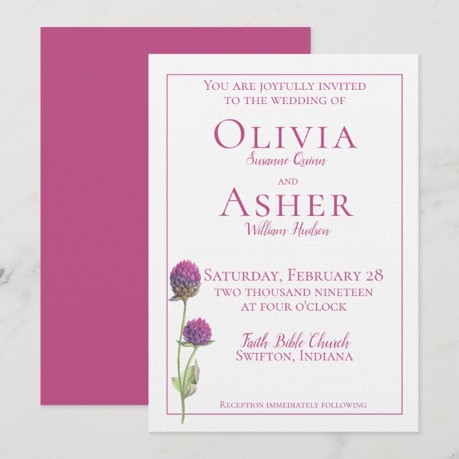 Simple Watercolor Amaranth Thistle Flower Wedding Invitation (Front/Back)