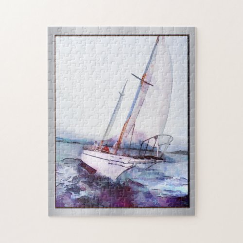 Simple watercolor and ink of Leaning Sailboat Jigsaw Puzzle