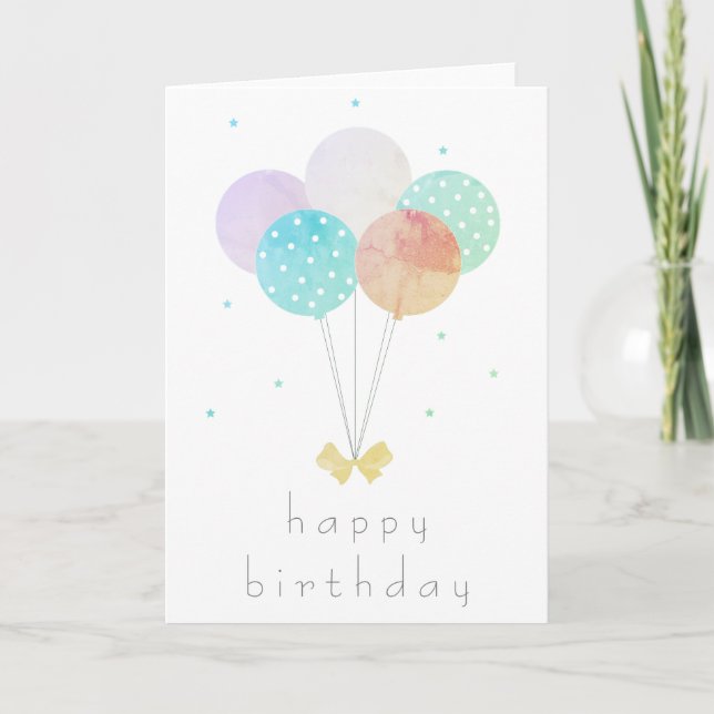 Simple Watercolor Birthday Balloons Bow Polka Dots Card (Front)