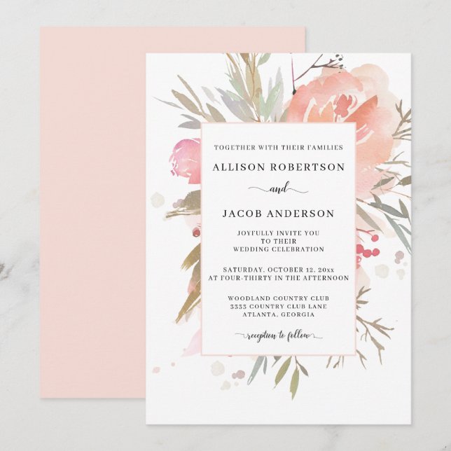 Simple Watercolor Blush Pink Floral Wedding Invitation (Front/Back)