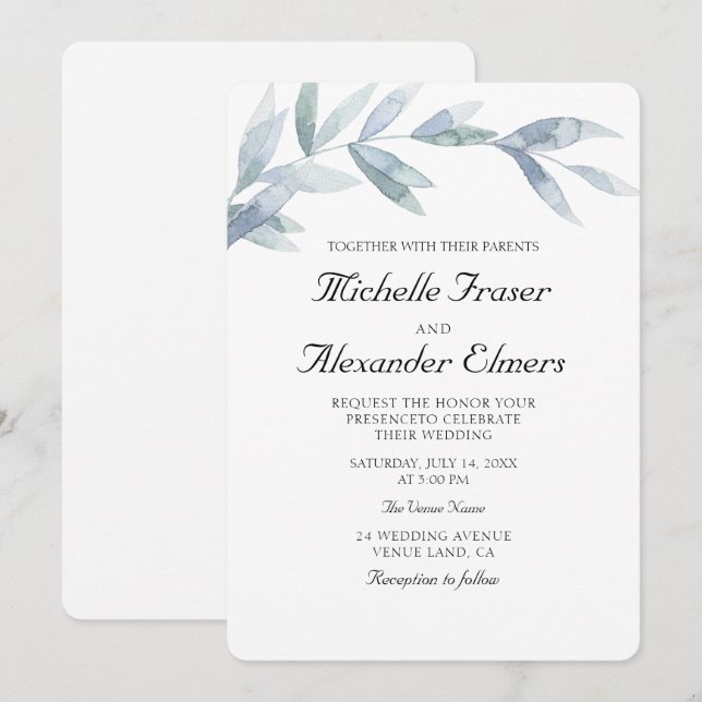 Simple watercolor botanical leaves Elegant wedding Invitation (Front/Back)