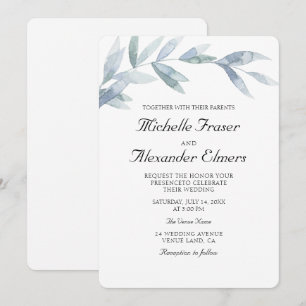 Simple watercolor botanical leaves Elegant wedding Invitation
