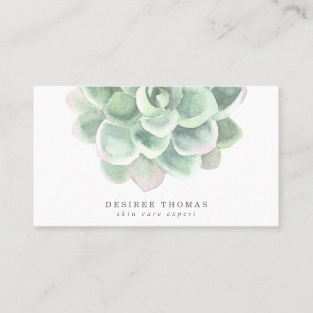Simple Watercolor Botanical Sage Green Succulent Business Card (Front)
