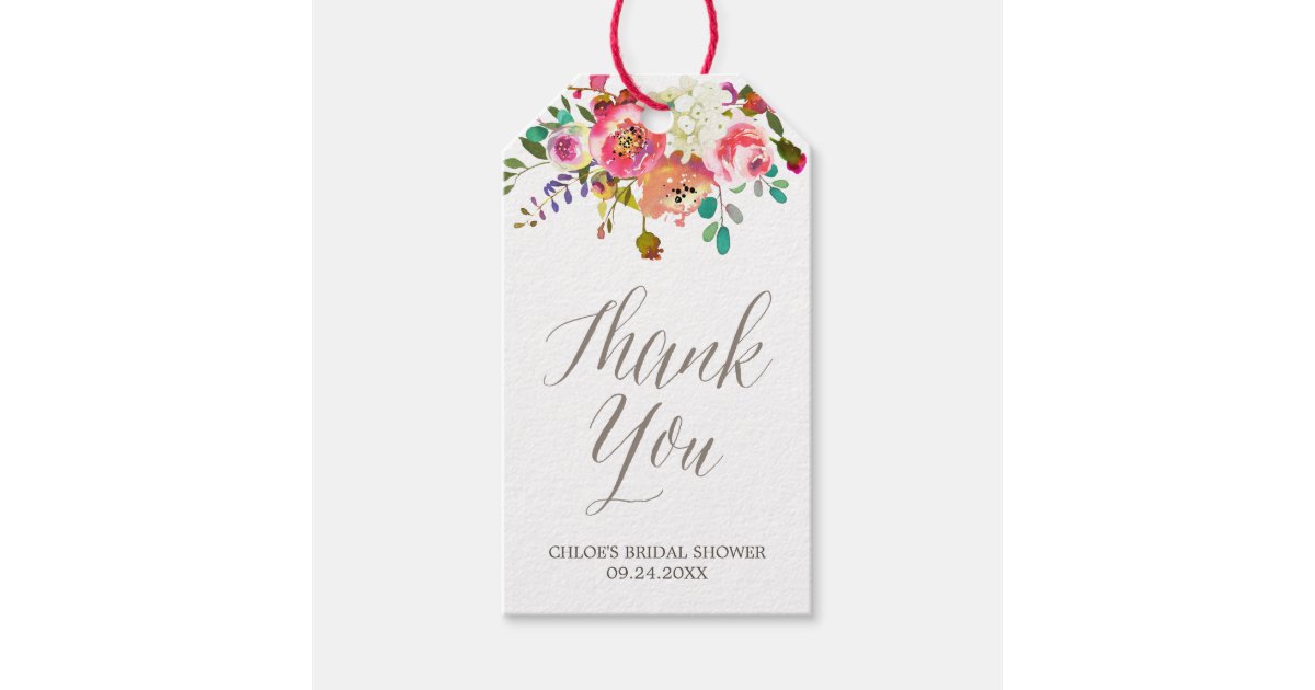 Simple Watercolor Bouquet Bridal Shower Thank You Gift Tags | Zazzle