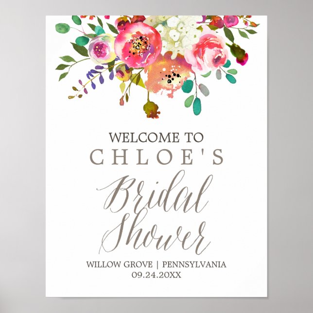 Simple Watercolor Bouquet Bridal Shower Welcome Poster (Front)