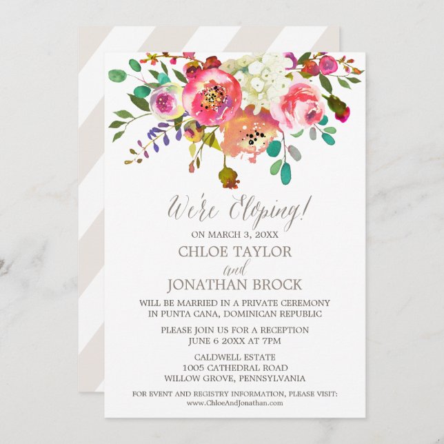 Simple Watercolor Bouquet Elopement Reception Invitation (Front/Back)