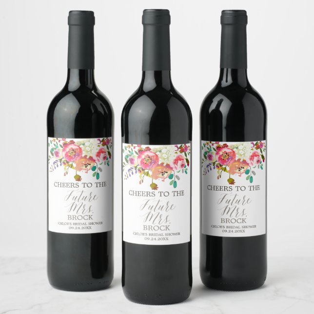 Simple Watercolor Bouquet Future Mrs Bridal Shower Wine Label (Bottles)