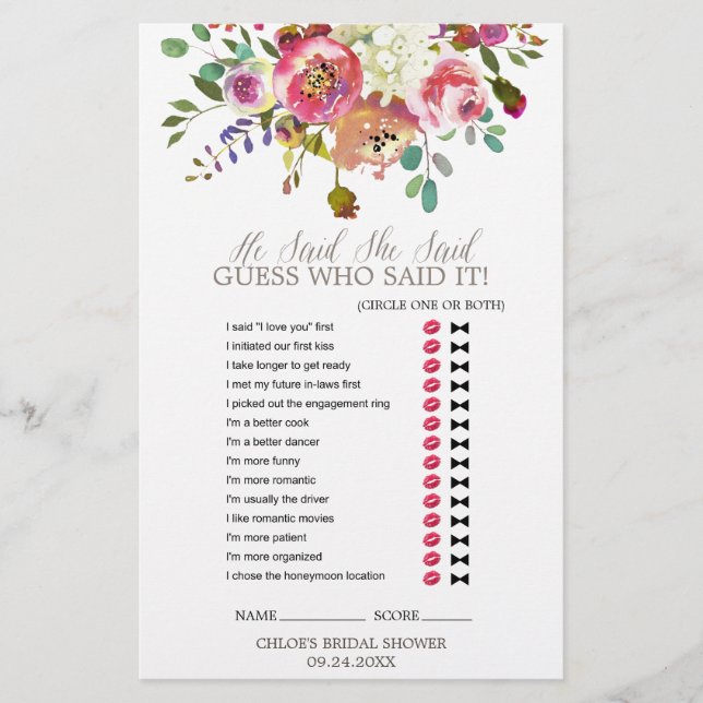 Simple Watercolor Bouquet Wedding Word Search Game (Front)