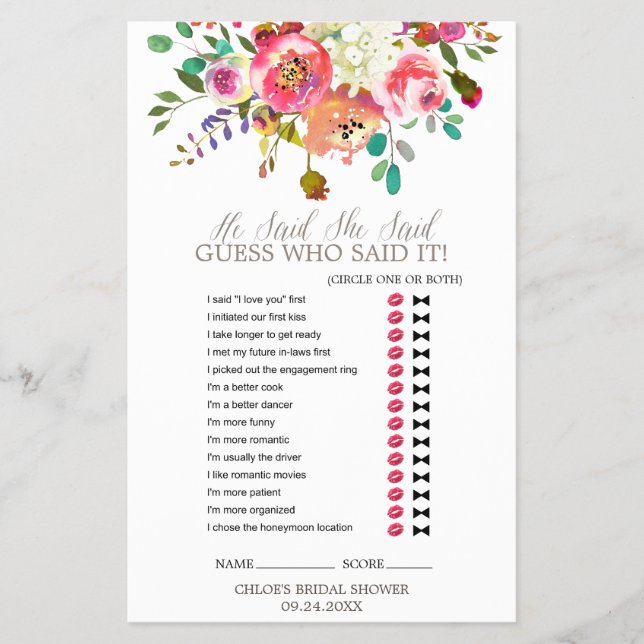 Simple Watercolor Bouquet Wedding Word Search Game (Front)