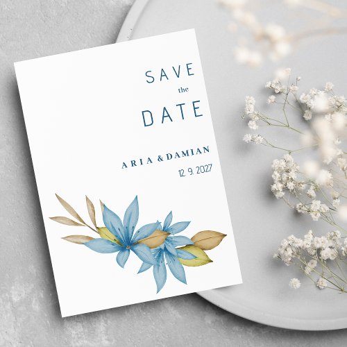 Simple watercolor brown blue floral Save the Date Invitation