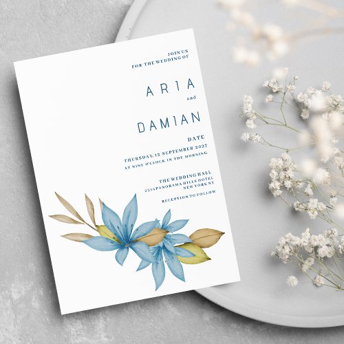 Simple watercolor brown blue floral Wedding  Invitation