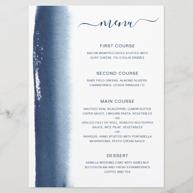 Simple Watercolor Brushstroke Navy Blue Wedding Menu (Front)