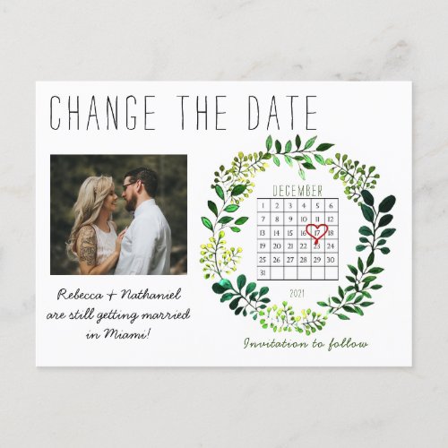 Simple Watercolor Change the Date Calendar Heart Announcement Postcard
