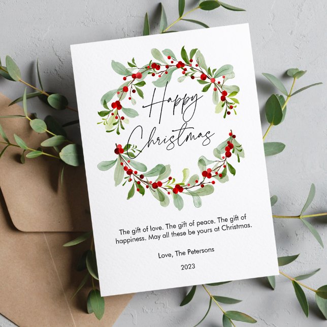 Simple Watercolor Christmas Berries Flat  Holiday Card (Creator Uploaded)