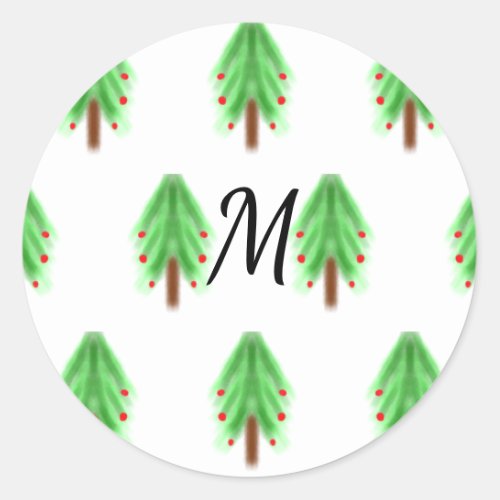 Simple watercolor Christmas pattern add monogram  Classic Round Sticker