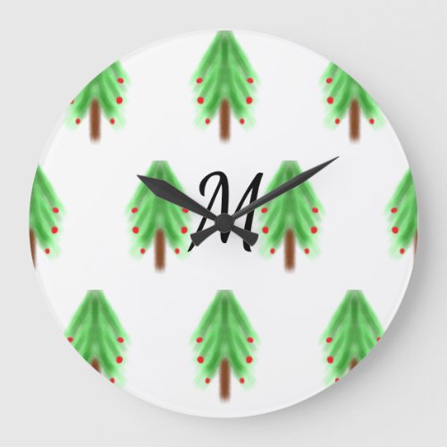 Simple watercolor Christmas pattern add monogram  Large Clock