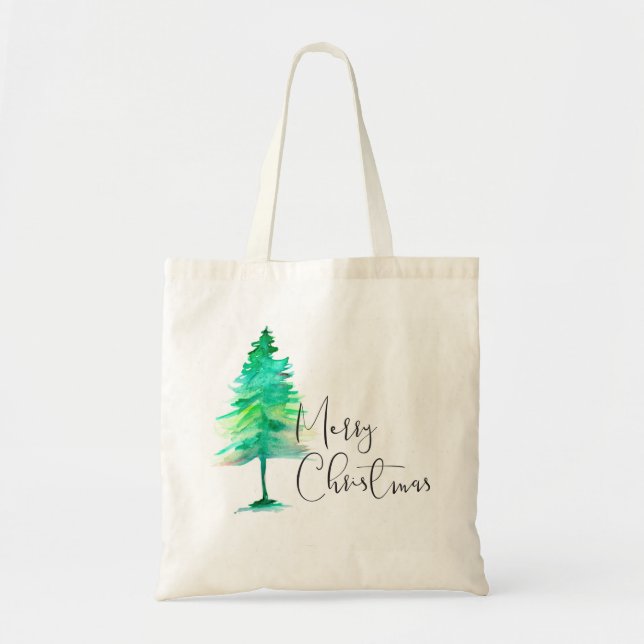 Simple, Watercolor Christmas Pine tree Tote Bag (Front)