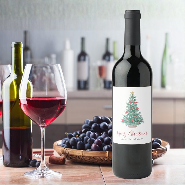 Simple Watercolor Christmas Tree Festive Wine Label (Creator Uploaded)