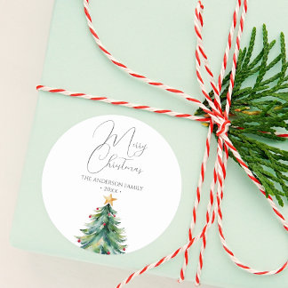 Simple Watercolor Christmas Tree Merry Christmas Classic Round Sticker