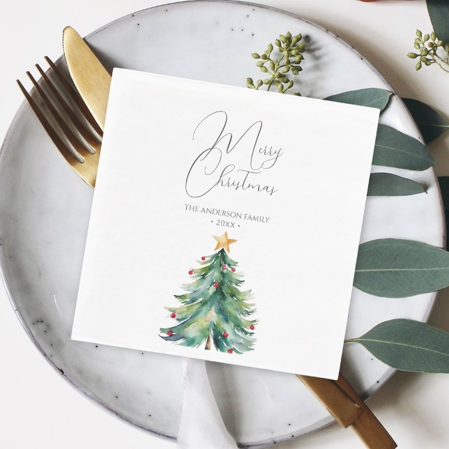 Simple Watercolor Christmas Tree Merry Christmas Napkins (Creator Uploaded)
