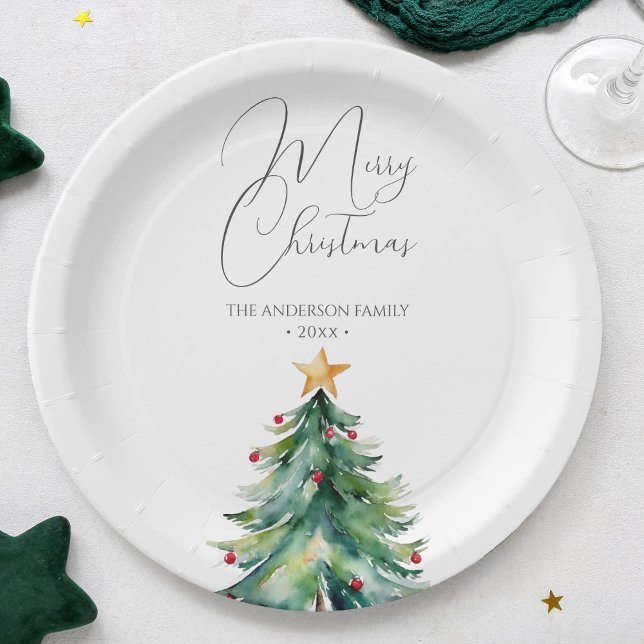 Simple Watercolor Christmas Tree Merry Christmas Paper Plates (Creator Uploaded)
