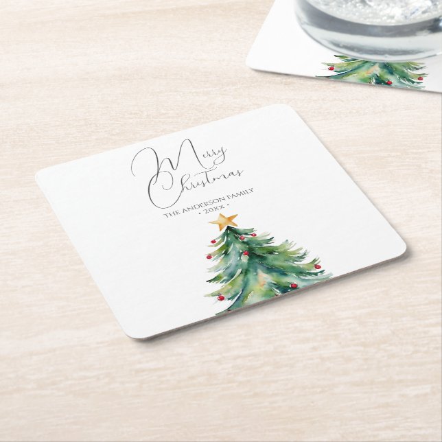 Simple Watercolor Christmas Tree Merry Christmas Square Paper Coaster (Angled)
