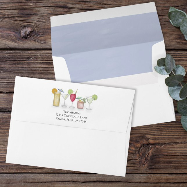 Simple Watercolor Cocktail Drinks Custom Envelope (Cute custom envelope with watercolor cocktail drinks.)