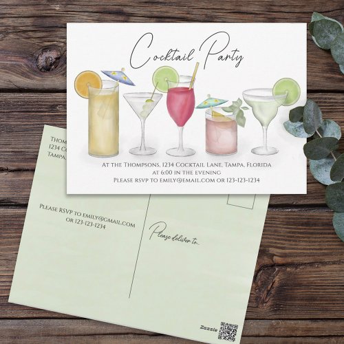 Simple Watercolor Cocktail Party Drinks Whimsical Postcard